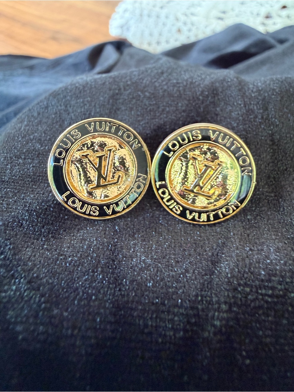 L0UIS VUITT0N Gold Logo Button Stud Earrings  - Black Enamel Accents